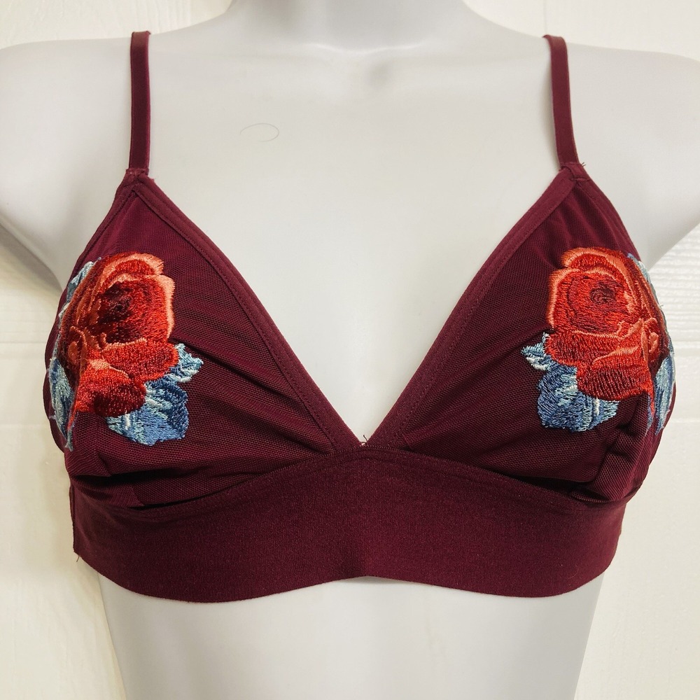 PINK Victoria's Secret Bralette Sz Small Burgundy Rose Embroidered Triangle Mesh